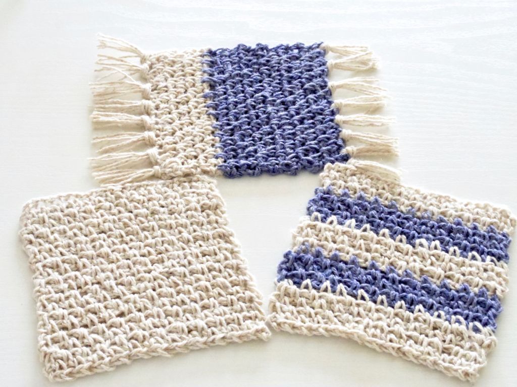 リフ編みのカップスリーブとコースター ハンドメイド かぎ針編み